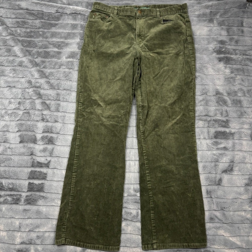 Lauren Ralph Lauren Olive Green Corduroy Wide Leg Pants Womens 14 Stretch Cotton